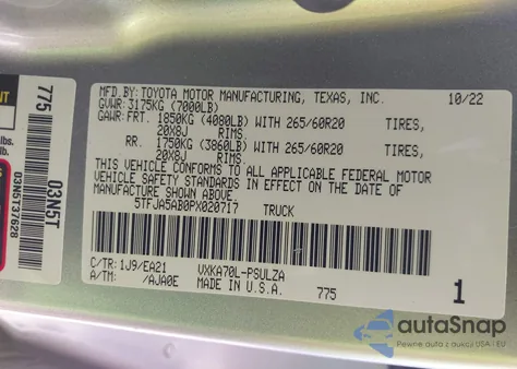 2023 Toyota Tundra Limited из США, поврежденный, VIN 5TFJA5AB0PX020717